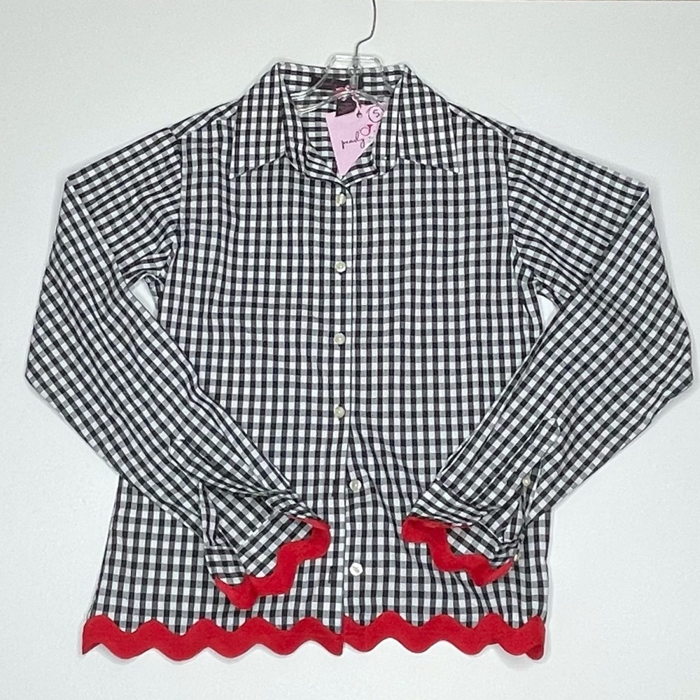 NWT Pearly Vine B&W Gingham Oxford, Red Trim, S